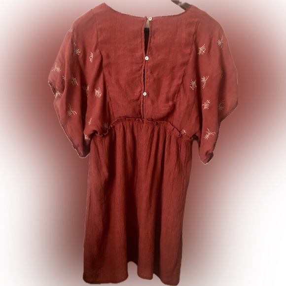 Bo Ho Boho Mini Dress Rust color elastic waist draped sleeves embroidered - Picture 2 of 5